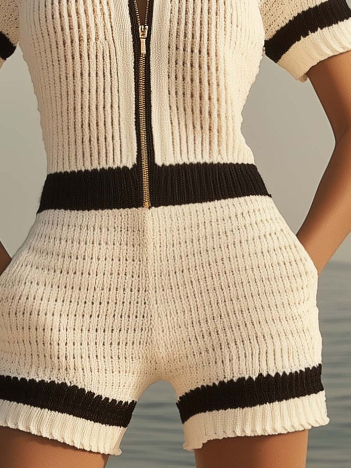 【24-hour shipping out】Breathable Fashion Front Zipper Short Sleeve Knit Shorts Jumpsuit  - By Qivii