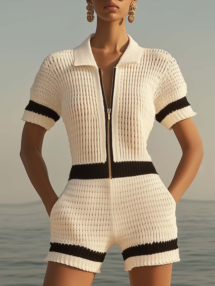 【24-hour shipping out】Breathable Fashion Front Zipper Short Sleeve Knit Shorts Jumpsuit  - By Qivii