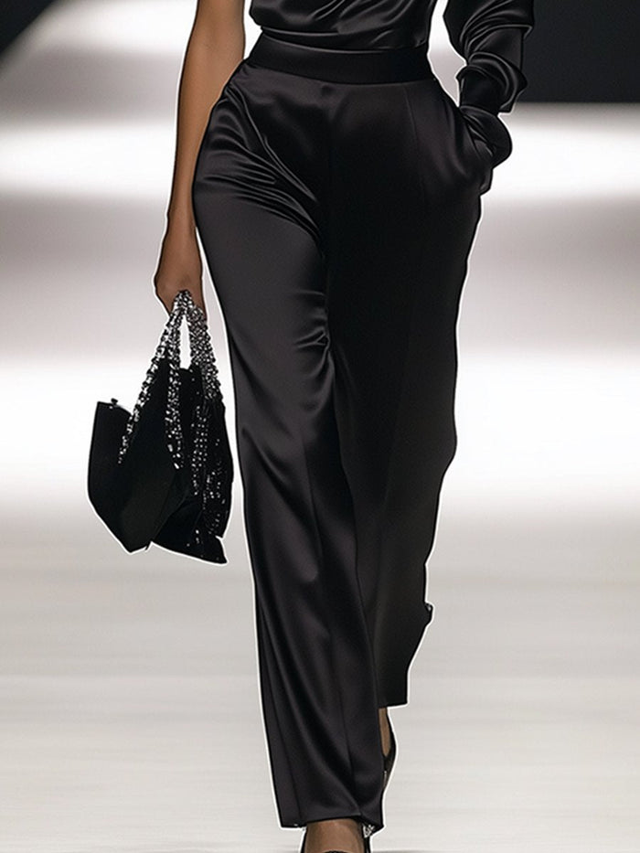 【24-hour shipping out】Elegant Off-the-shoulder Satin Long-sleeved Jumpsuit  - By Qivii