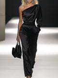 【24-hour shipping out】Elegant Off-the-shoulder Satin Long-sleeved Jumpsuit  - By Qivii
