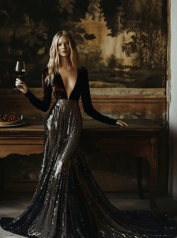 【24-hour shipping out】V-Neck Stylish Elegant Solid Color Velvet Sequined Long Maxi Dress  - By Qivii