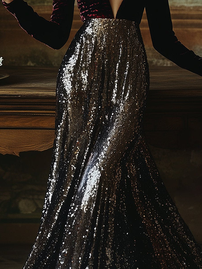 【24-hour shipping out】V-Neck Stylish Elegant Solid Color Velvet Sequined Long Maxi Dress  - By Qivii