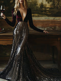 【24-hour shipping out】V-Neck Stylish Elegant Solid Color Velvet Sequined Long Maxi Dress  - By Qivii