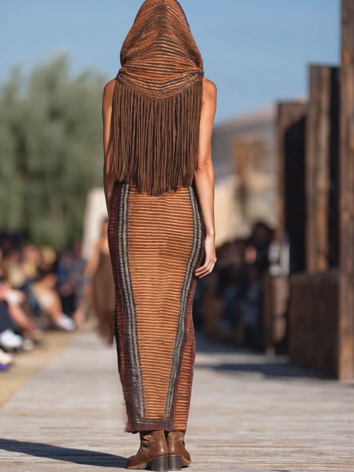 【24-hour shipping out】Western Retro Colorful Striped Knitted Tassel Hooded Slit Maxi Dress  - By Qivii