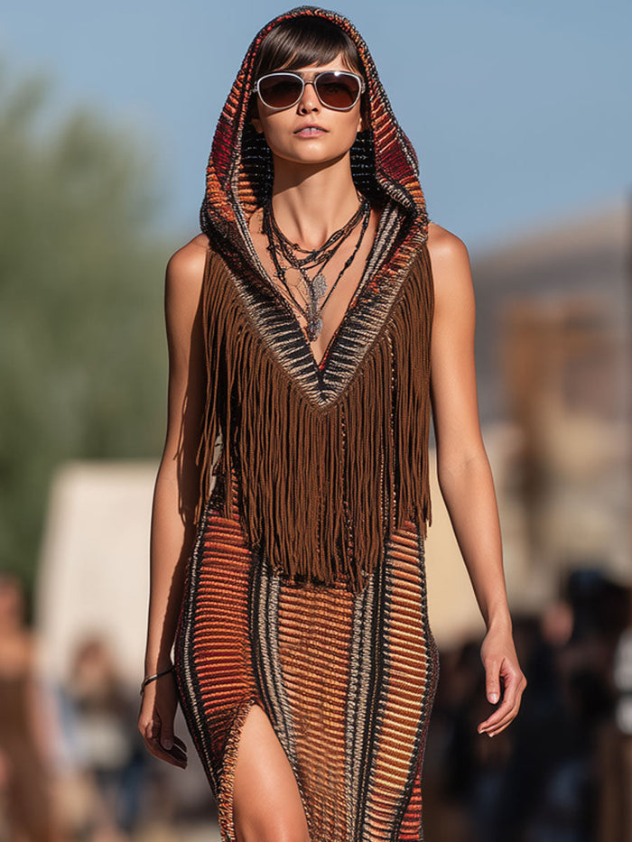 【24-hour shipping out】Western Retro Colorful Striped Knitted Tassel Hooded Slit Maxi Dress  - By Qivii