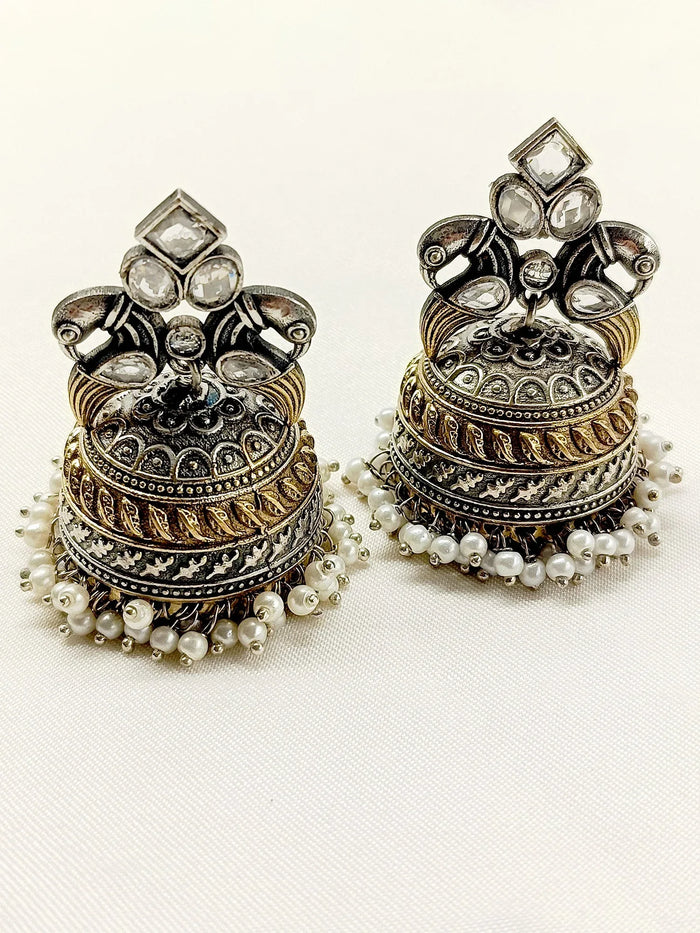 Ahaan White Peacock Oxidized Jhumki