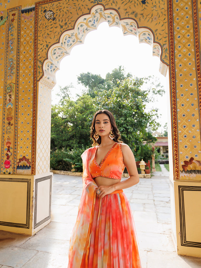 Amberglow Orange Pink Chiffon Lehenga Set