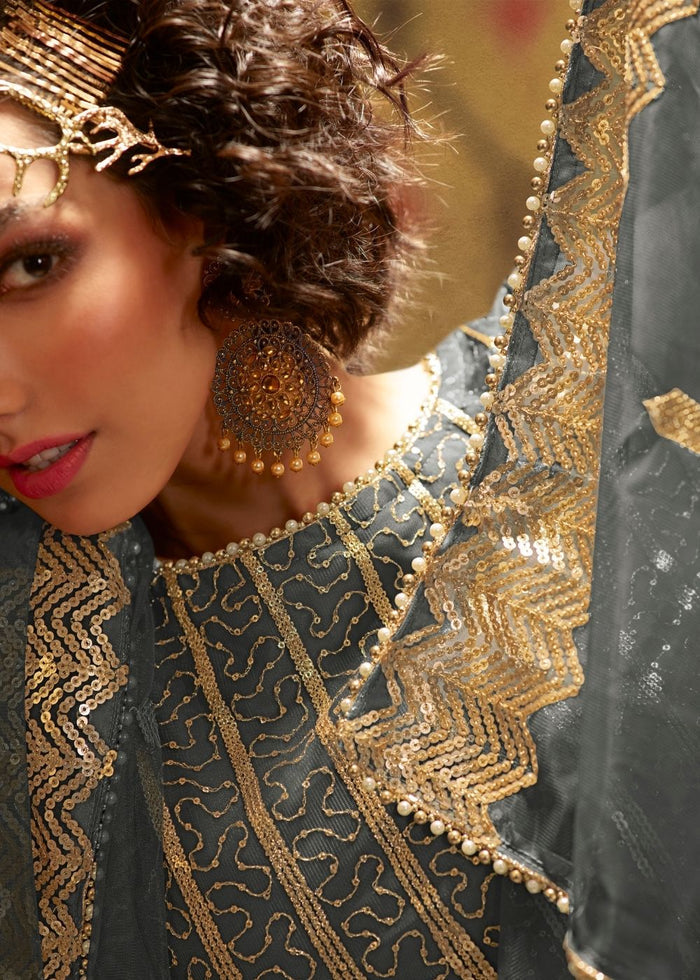 Anchor Grey Designer Soft Net Sharara Suit with overall Sequins work - qivii