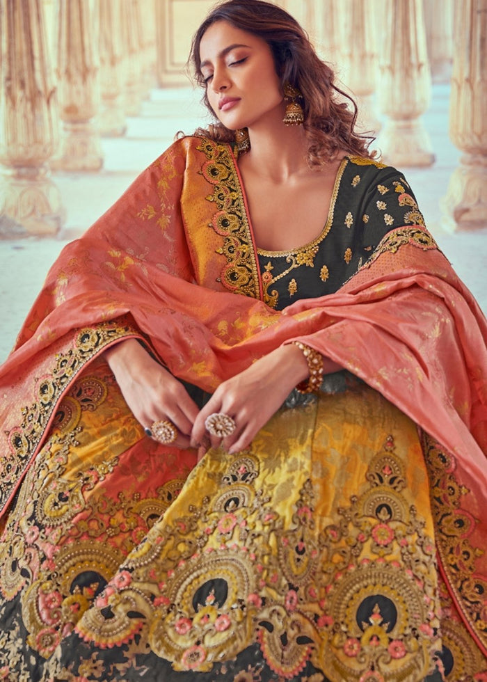 Anchor Grey & Pink Banarasi Silk Lehenga Choli with Khatli work Embroidery | Ready To Wear - qivii