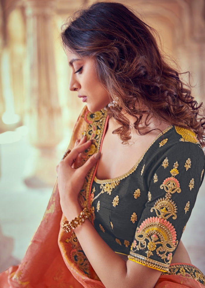 Anchor Grey & Pink Banarasi Silk Lehenga Choli with Khatli work Embroidery | Ready To Wear - qivii