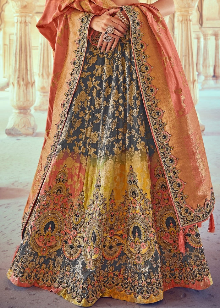 Anchor Grey & Pink Banarasi Silk Lehenga Choli with Khatli work Embroidery | Ready To Wear - qivii