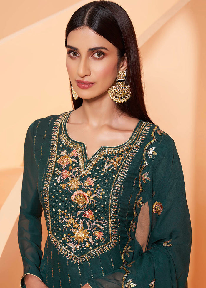 Arabian Green Georgette Sharara Suit with Thread, Sequins & Khatli work - qivii