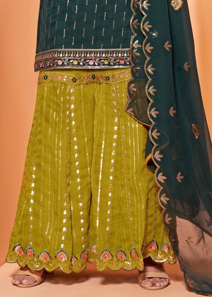 Arabian Green Georgette Sharara Suit with Thread, Sequins & Khatli work - qivii