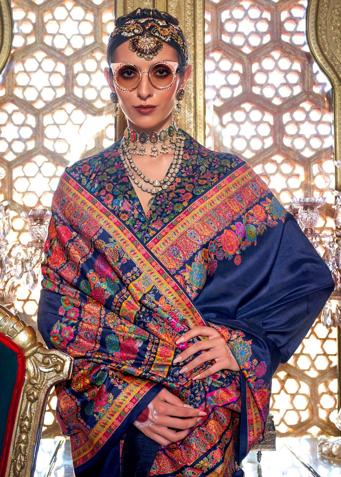 Astros Navy Blue Silk Saree With Luxury Print And Glory Finish - qivii
