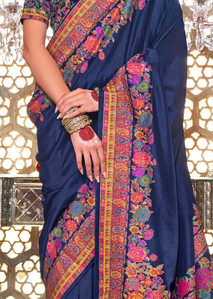 Astros Navy Blue Silk Saree With Luxury Print And Glory Finish - qivii