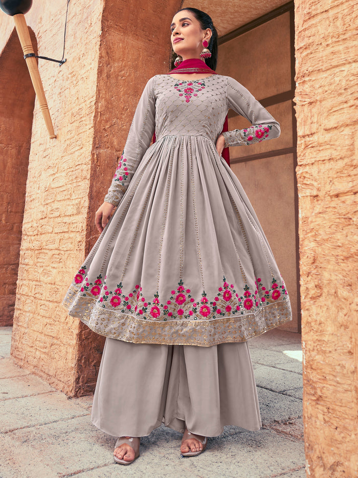 Grey georgette anarkali kurta with thread embroidery and sequin work