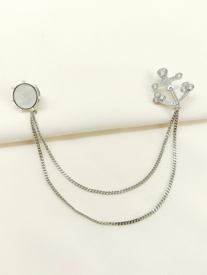 Avanya Silver Anchor & Wheel Brooch Pin With Chain