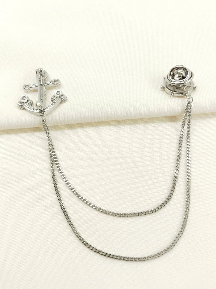 Avanya Silver Anchor & Wheel Brooch Pin With Chain