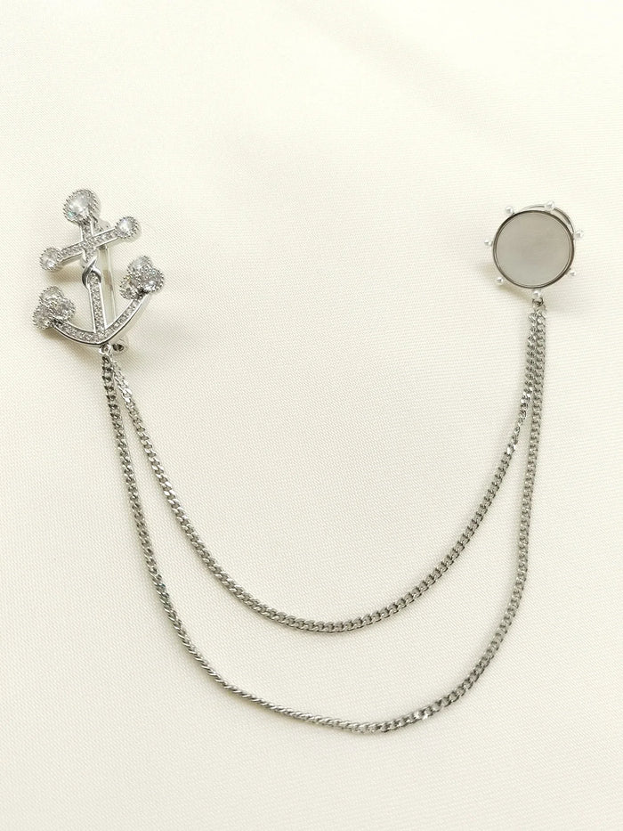 Avanya Silver Anchor & Wheel Brooch Pin With Chain