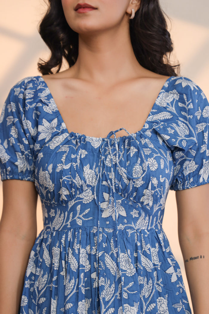 Azure Blue Hand Block Printed Midi Dress