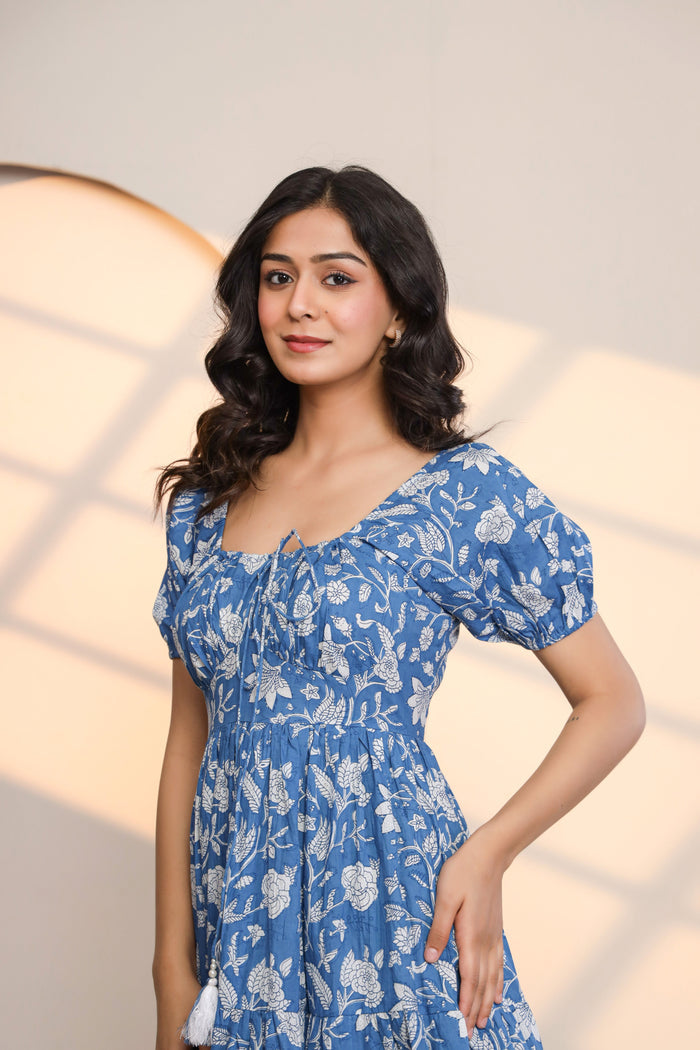 Azure Blue Hand Block Printed Midi Dress