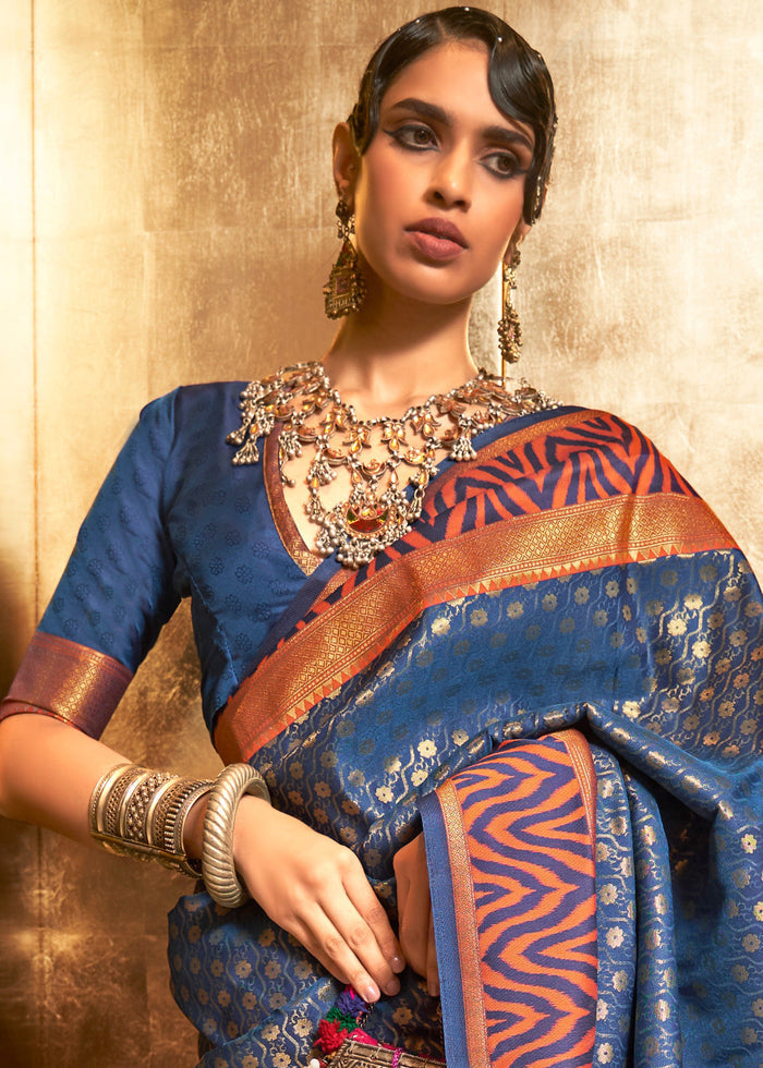 Azure Blue Handloom Woven Banarasi Silk Saree - qivii