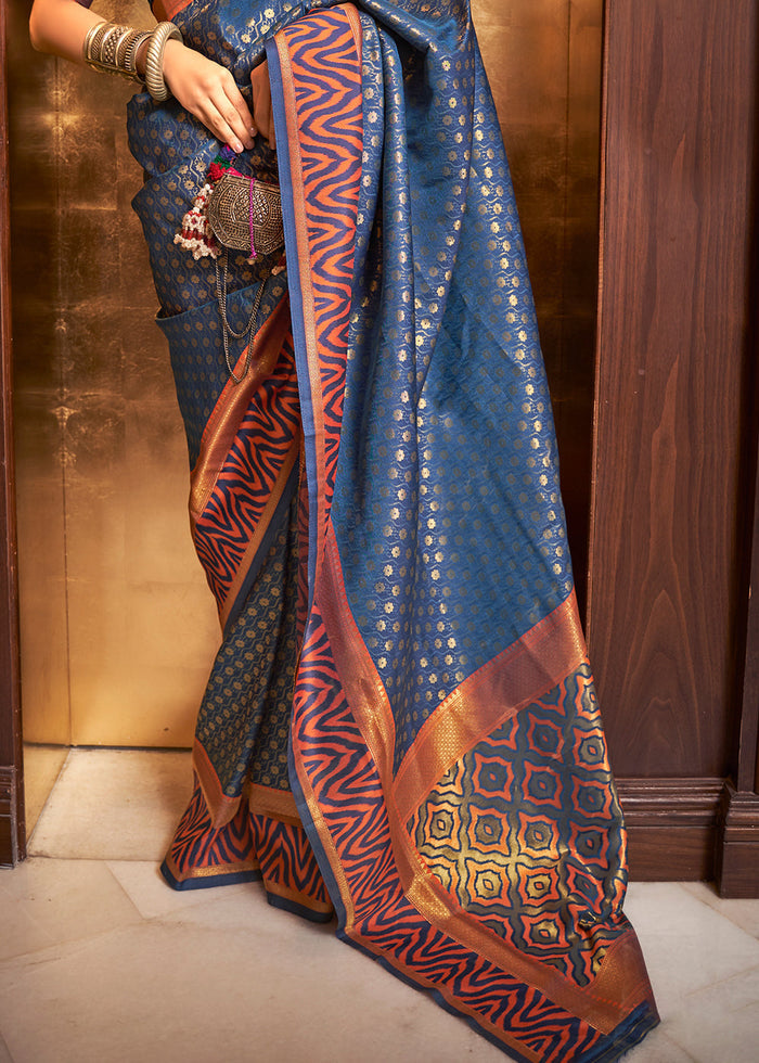 Azure Blue Handloom Woven Banarasi Silk Saree - qivii