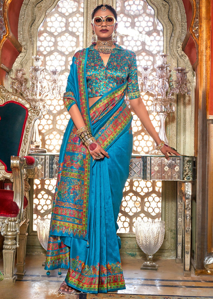Azure Blue Silk Saree With Luxury Print And Glory Finish - qivii