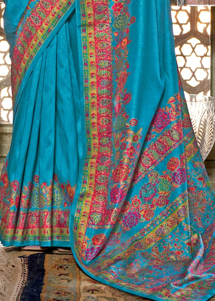 Azure Blue Silk Saree With Luxury Print And Glory Finish - qivii