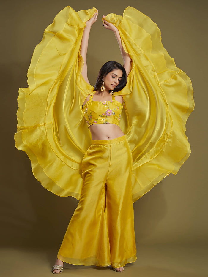 Beautiful yellow sequins organza palazzo jacket with blouse for women