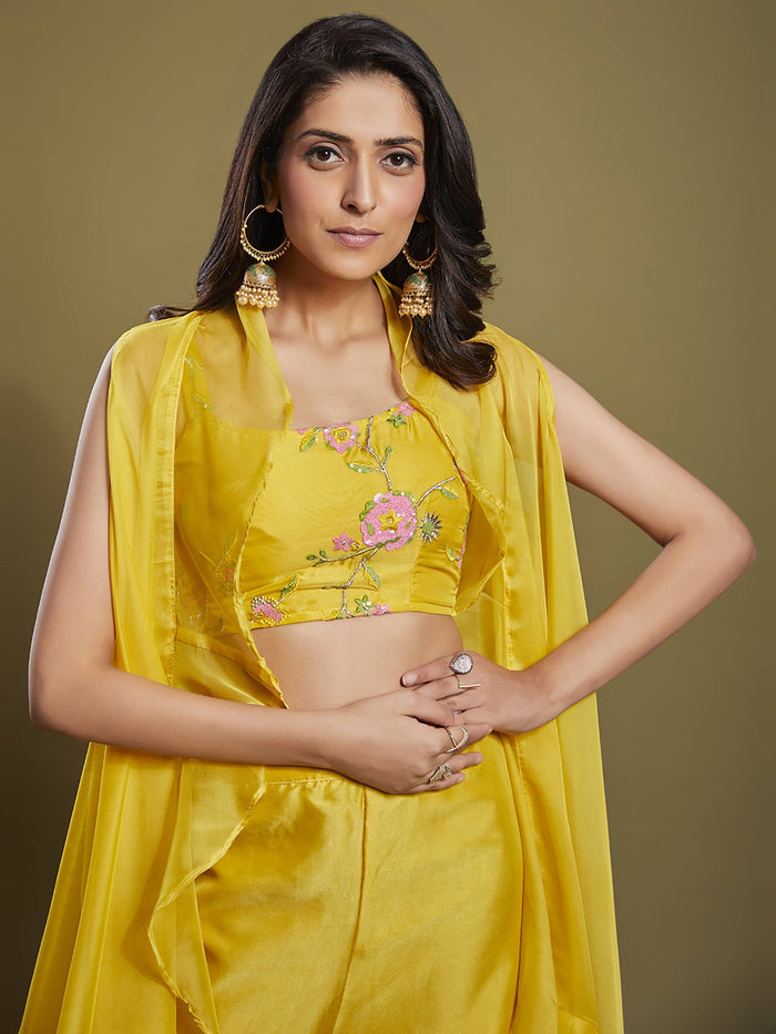 Beautiful yellow sequins organza palazzo jacket with matching blouse for women
