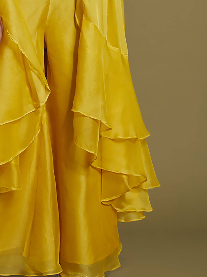 Beautiful yellow sequins organza palazzo jacket with matching blouse for women