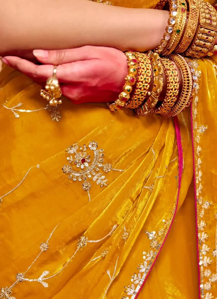 Bee Yellow Satin Embroidery Saree