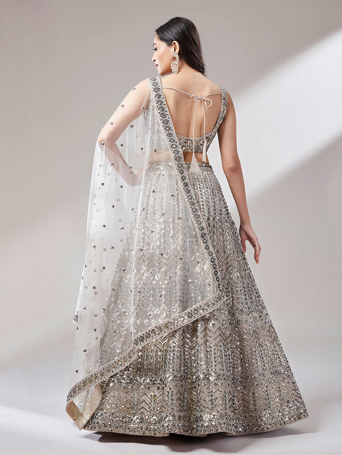 Beige - Net Mirror & Sequins Embroiderey Semi-Stitched Lehenga choli - qivii