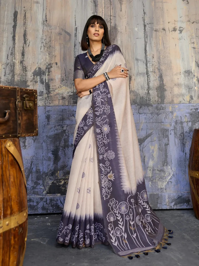 Beige-Blue Handloom Cotton Saree