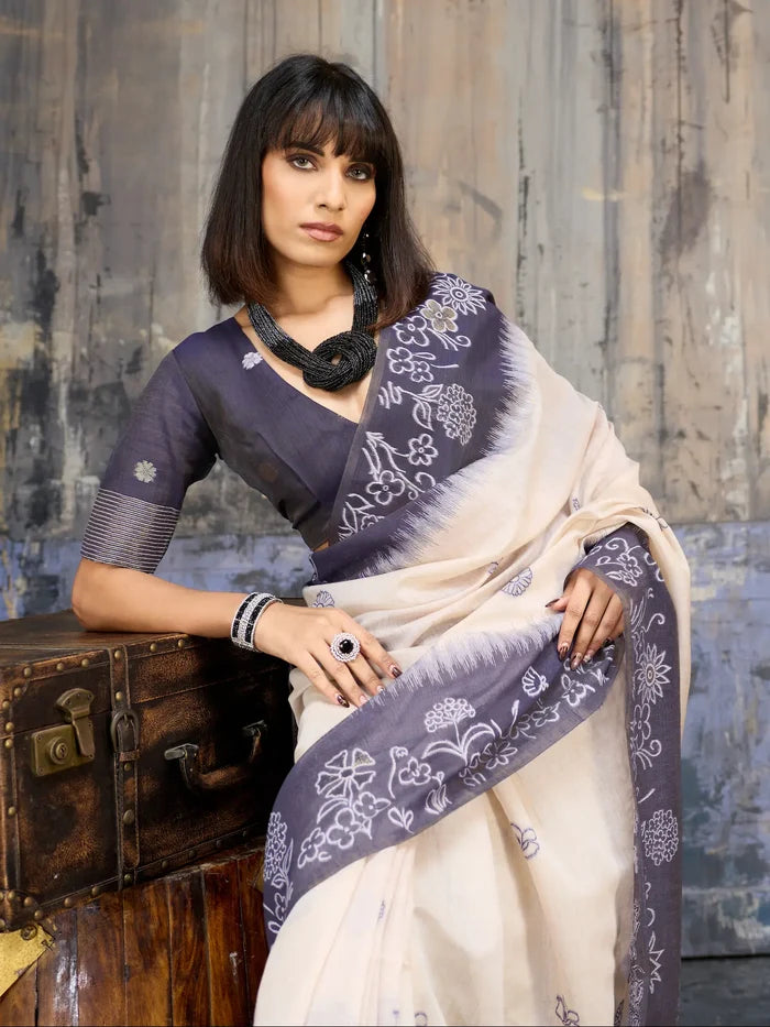 Beige-Blue Handloom Cotton Saree