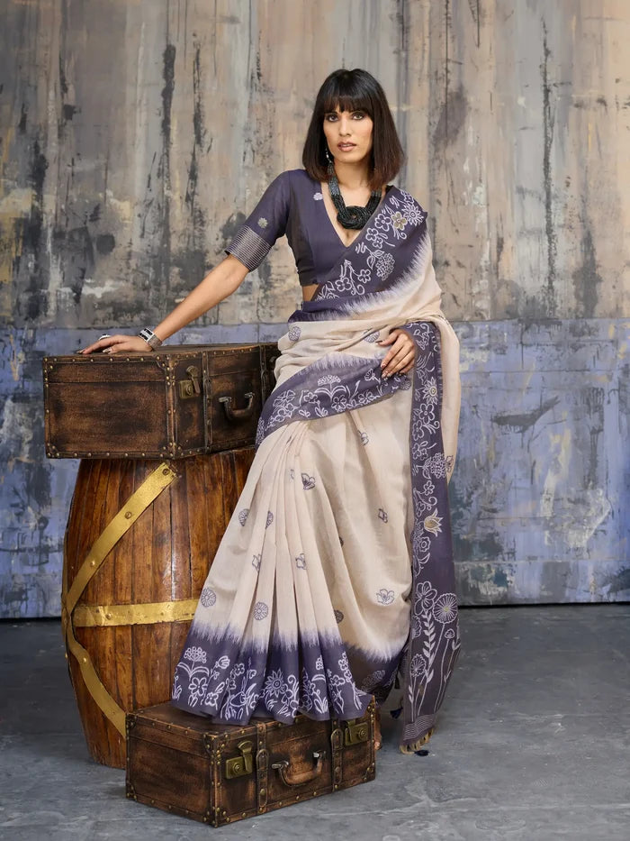 Beige-Blue Handloom Cotton Saree