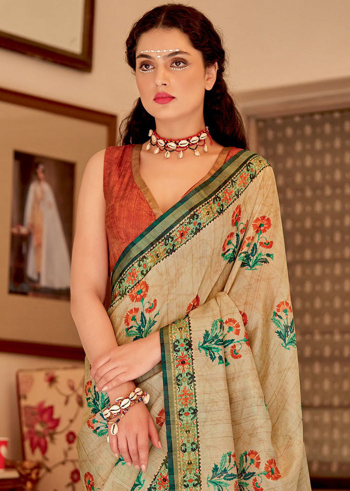 Beige Brown Designer Printed Silk Saree - qivii