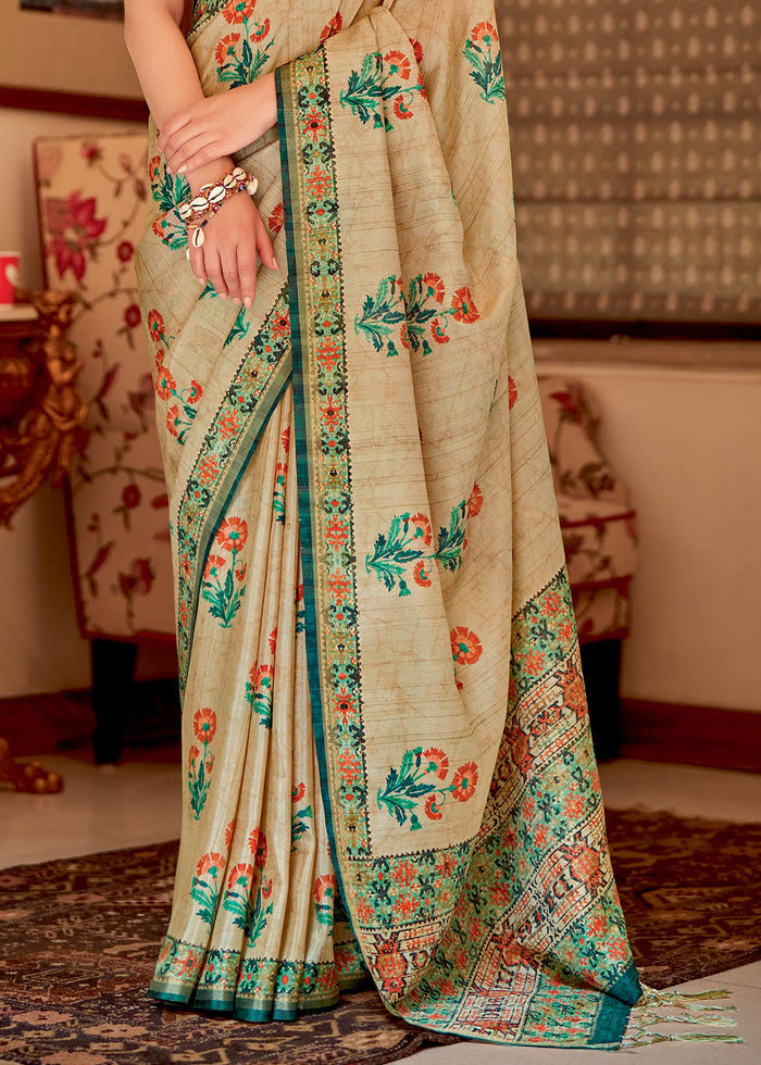 Beige Brown Designer Printed Silk Saree - qivii