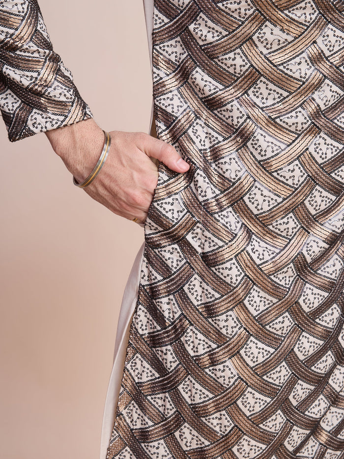 BEIGE SILK THREAD & SEQUENCE EMBROIDERED WORK KURTA - qivii
