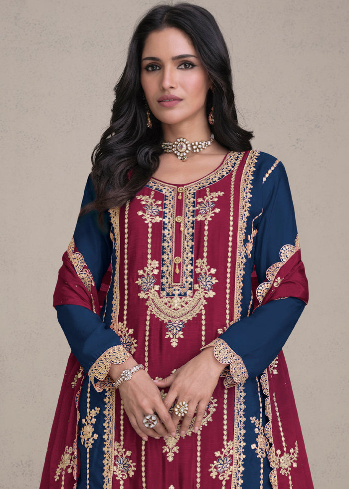 Berry Red Embroidered Chinon Silk Plazzo Suit - qivii