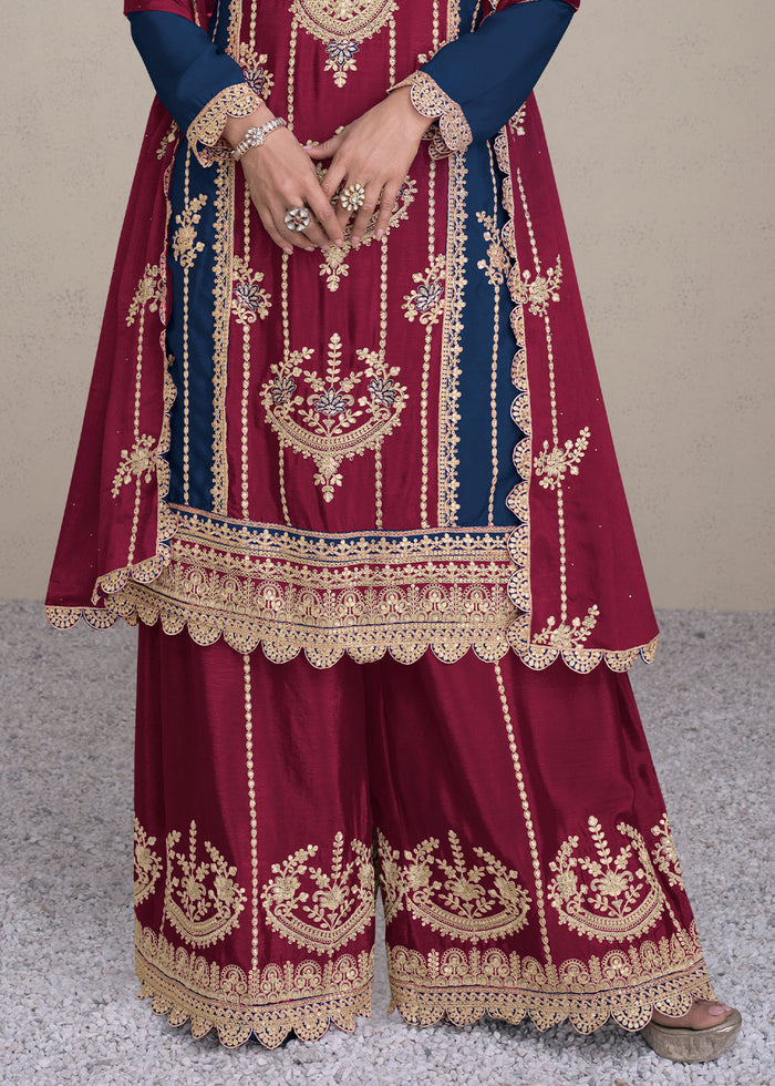 Berry Red Embroidered Chinon Silk Plazzo Suit - qivii