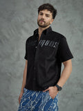 Black Corduroy Pu Applique Short Sleeves Shirt
