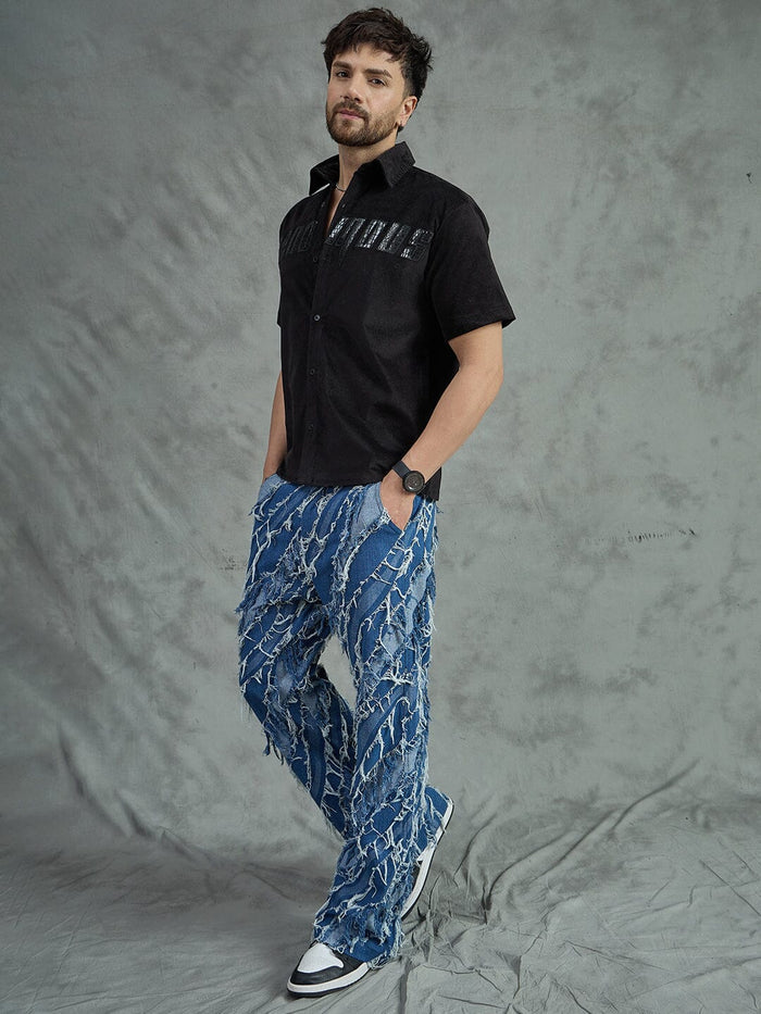 Black Corduroy Pu Applique Short Sleeves Shirt