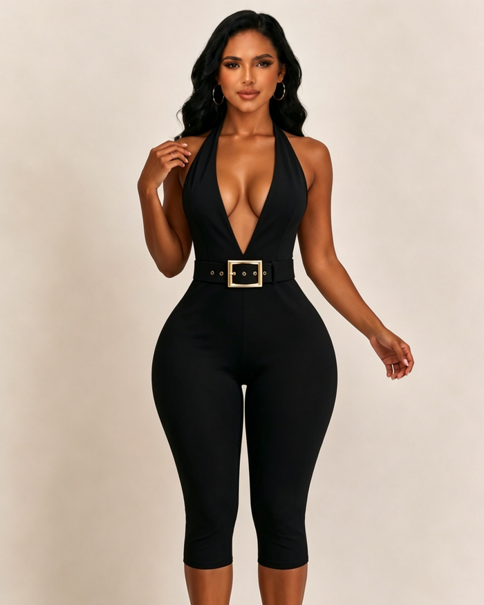 Black Deep V Halter Backless Capri Jumpsuit with Belt  - By Qivii