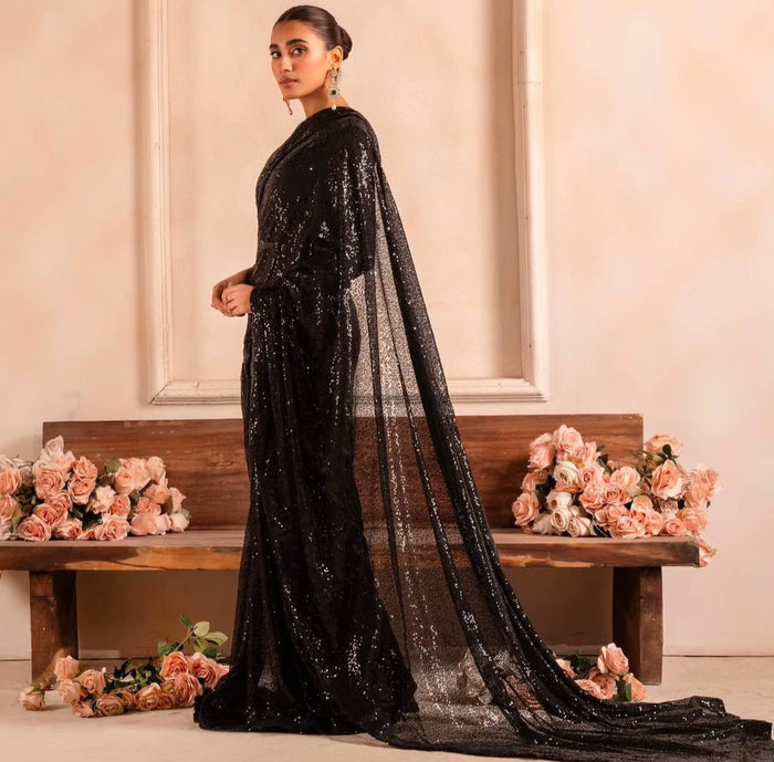 BLACK FAUX GEORGEET WITH EMBROIDERY SEQUENCE DESIGN WORK SAREE - INSPIRED - qivii