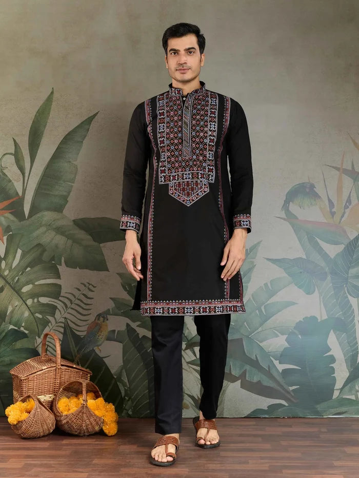 Black Festive Wear Kurta Set With Multi Thread Sequins Embroidery Work