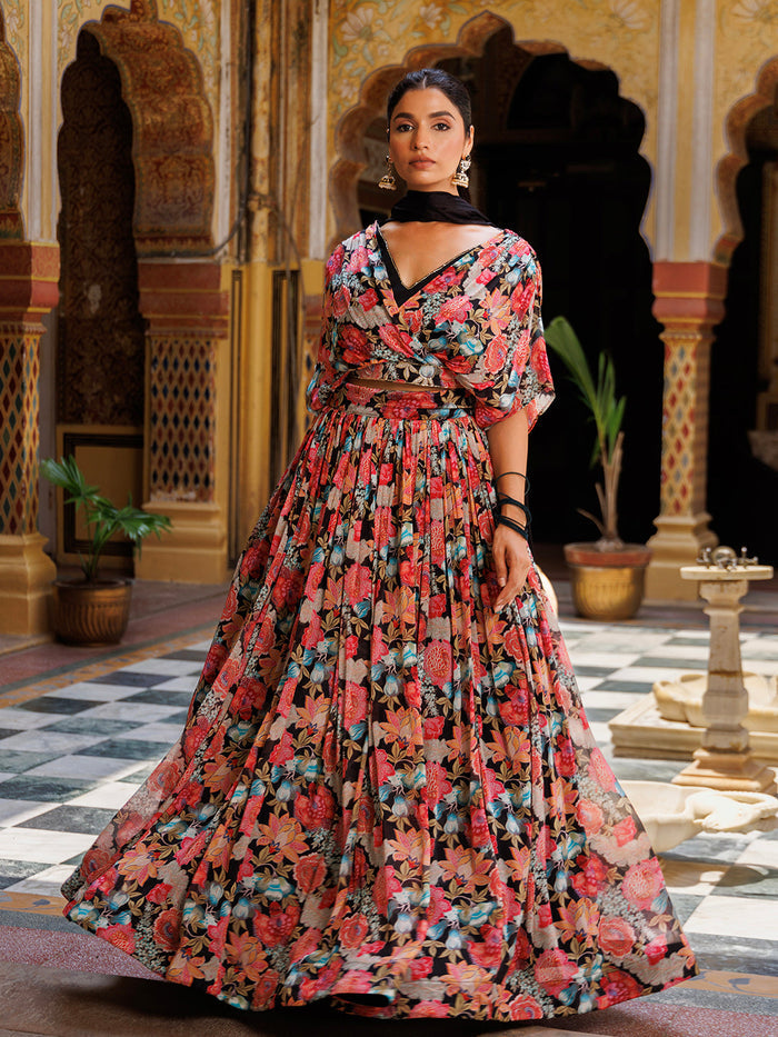 Black Floral Printed Chinon Lehenga