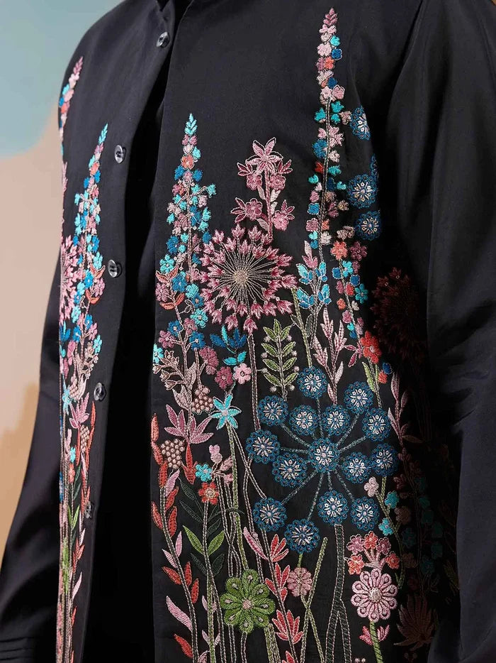 Black Kurta Set With Embroidery Sequins Jacket
