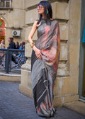 Black & Orange Digital Printed Poly Viscose Saree - qivii
